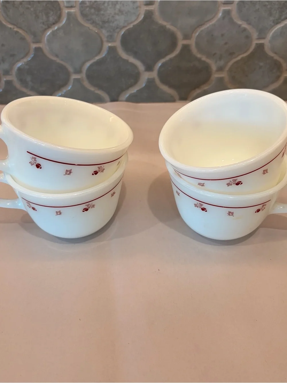 Vintage Pyrex Burgundy Rose Milk Glass Coffee Cups Mugs Set of 4
